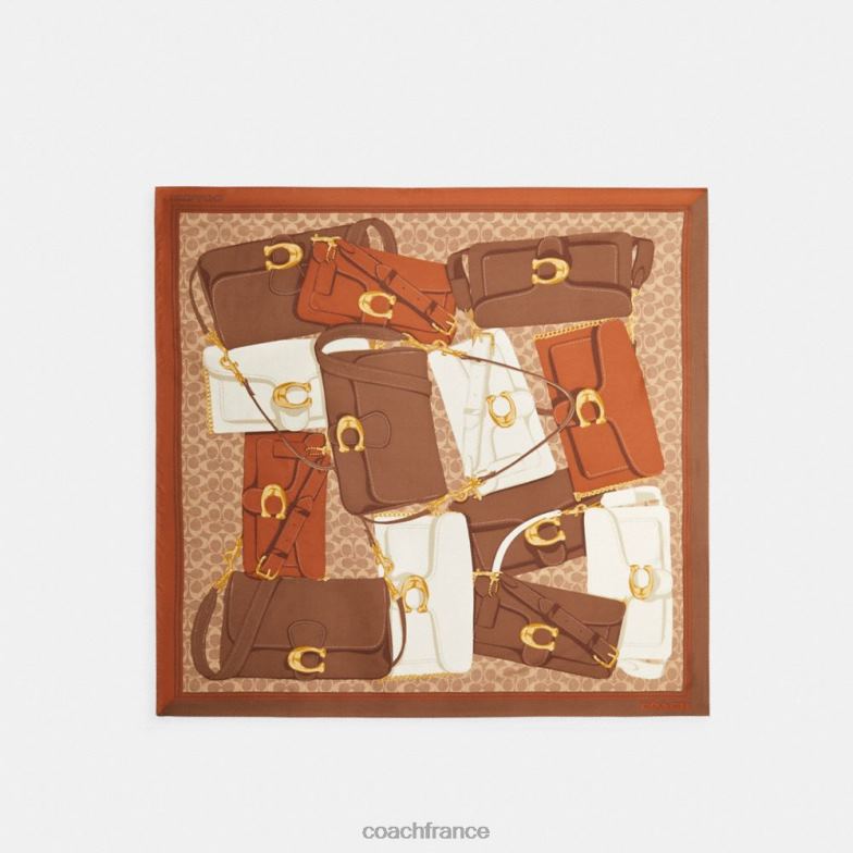 Coach femmes foulard carré en soie à imprimé tabby bag ambre bruni HHR6J593