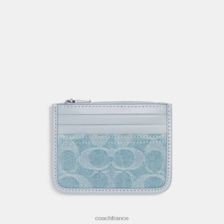 Coach femmes porte-cartes zippé en denim signature gauche/bleu pâle HHR6J385