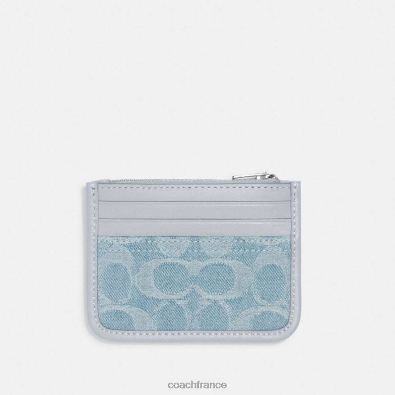 Coach femmes porte-cartes zippé en denim signature gauche/bleu pâle HHR6J385