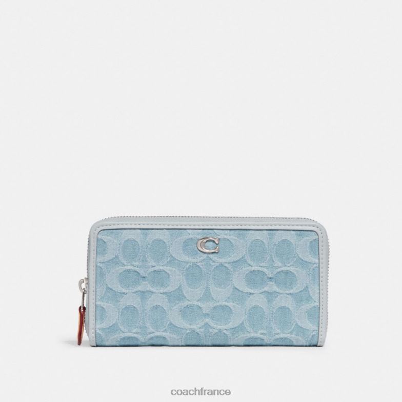 Coach femmes portefeuille zippé accordéon en denim signature gauche/bleu pâle HHR6J324