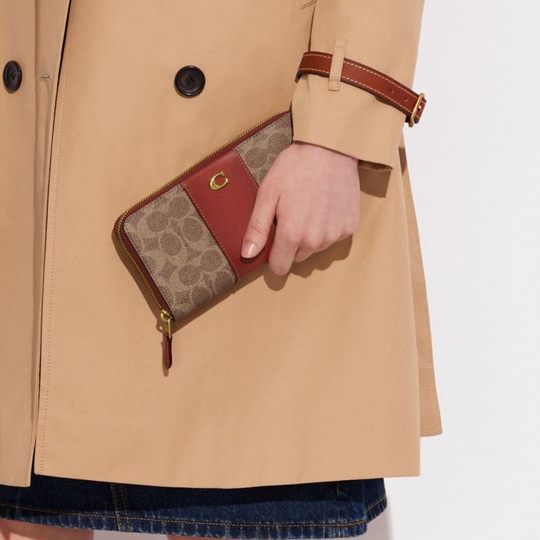 Coach femmes portefeuille zippé accordéon en toile signature color block b4/bronze rouille HHR6J329