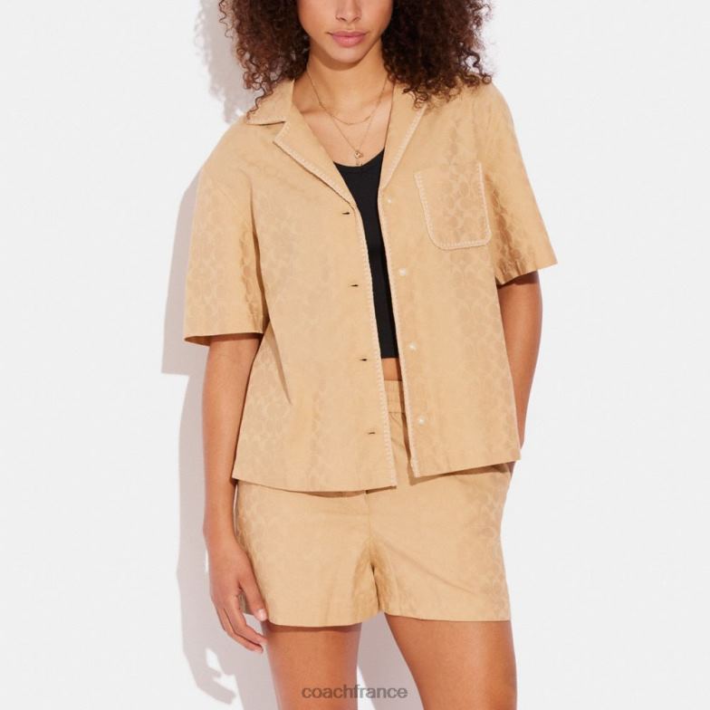 Coach femmes chemise boutonnée à bordure en crochet jacquard signature signature bronzée HHR6J500
