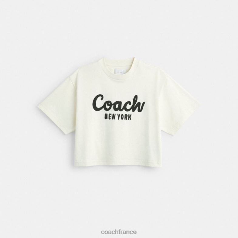 Coach femmes t-shirt court à signature cursive crème. HHR6J473