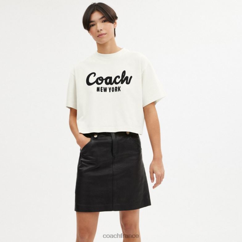 Coach femmes t-shirt court à signature cursive crème. HHR6J473