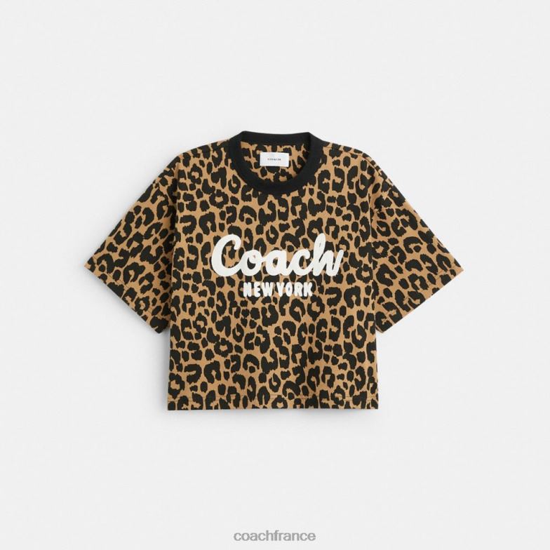 Coach femmes t-shirt court à signature cursive et léopard léopard HHR6J474