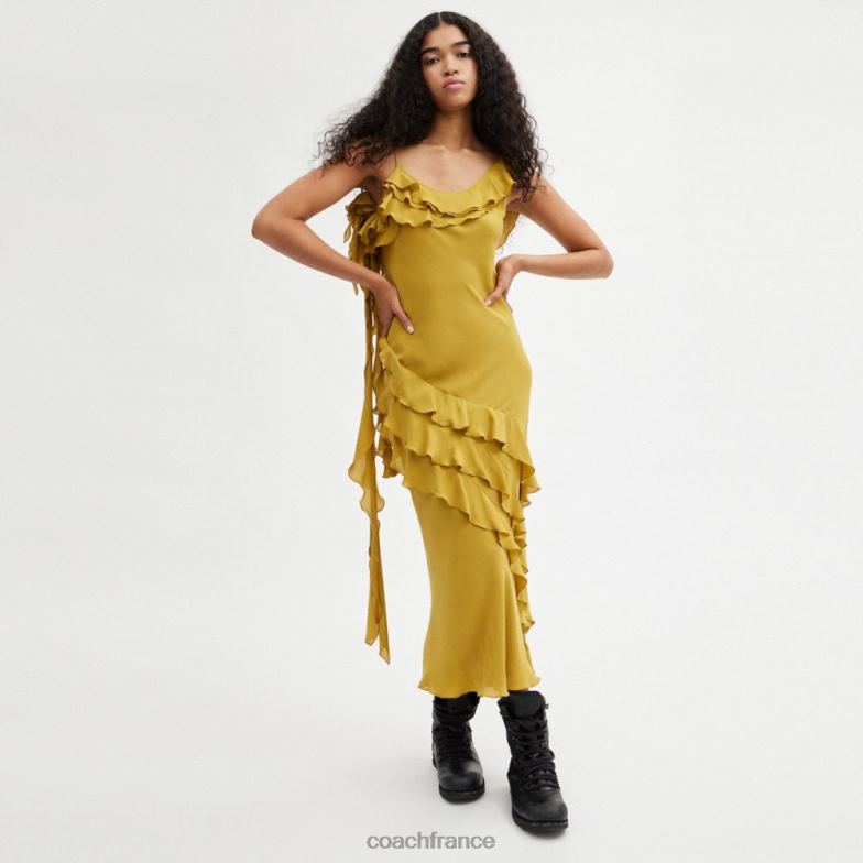 Coach femmes robe en biais avec décolleté à volants jaune foncé HHR6J520