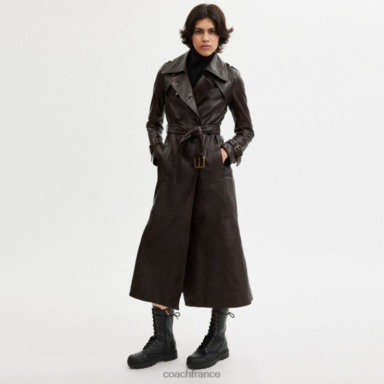 Coach femmes trench en cuir à double boutonnage brun HHR6J455