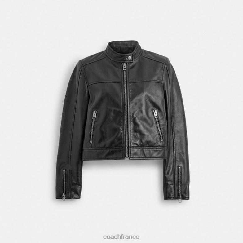 Coach femmes veste de course en cuir noir HHR6J436