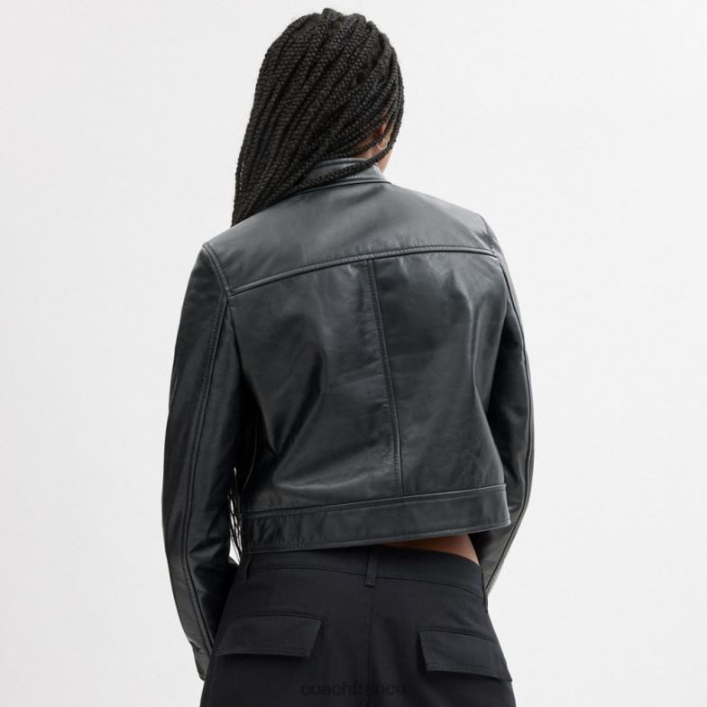 Coach femmes veste de course en cuir noir HHR6J436