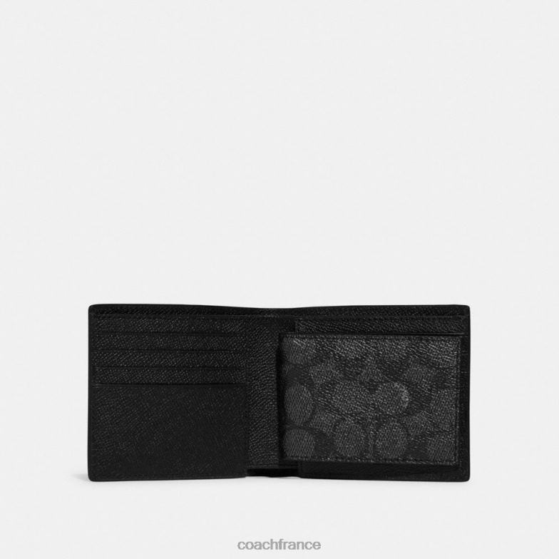 Coach Hommes Portefeuille 3-en-1 avec intérieur en toile emblématique noir HHR6J712
