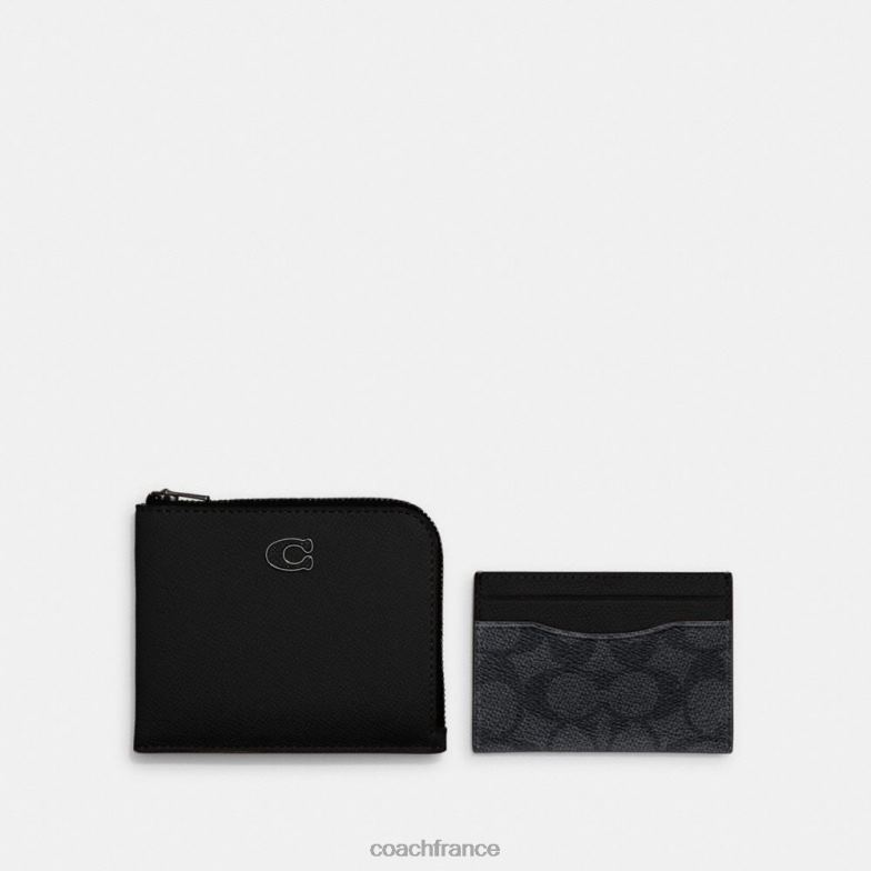 Coach Hommes Portefeuille 3 en 1 à fermeture éclair en L avec toile emblématique noir/charbon HHR6J711